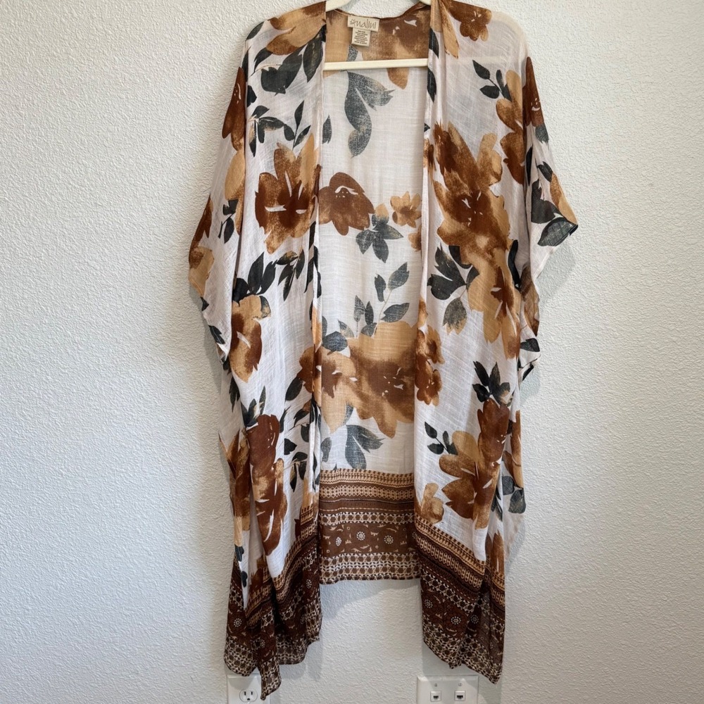 Anthropologie Nalini Floral Kimono Cardigan Duster Tan O/S Boho Linen Blend‎